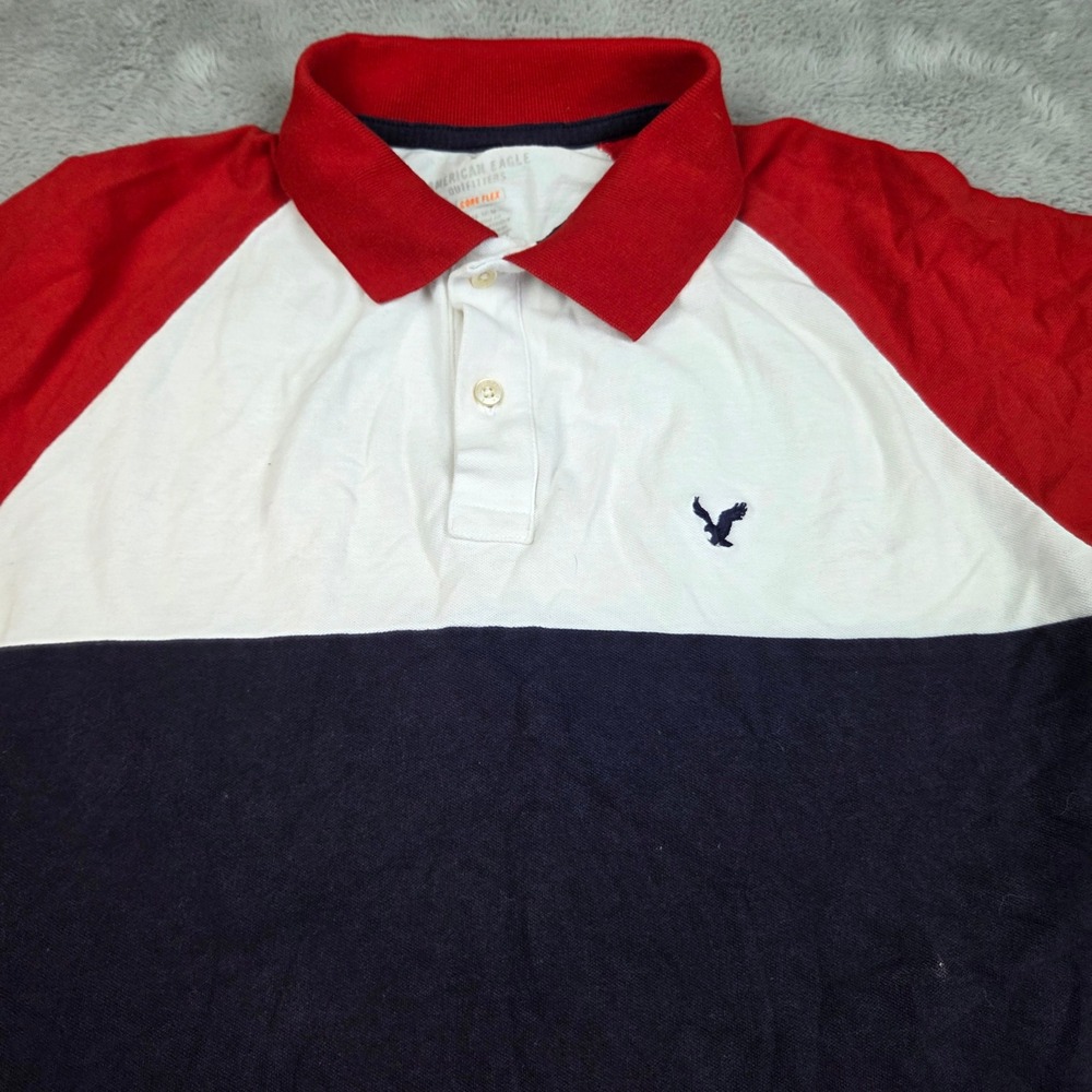 American Eagle Polo Shirt Mens M Core Flex Colorblock Raglan Red White Navy Blue